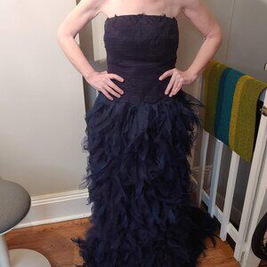 RUNWAY- Tadashi Shoji NAVY/ Cobalt blue Flamingo Tulle Feather Strapless Gown